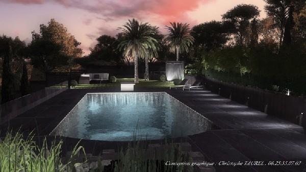 Architecture du paysage. Illustration 3D de jardin, piscine contemporaine .